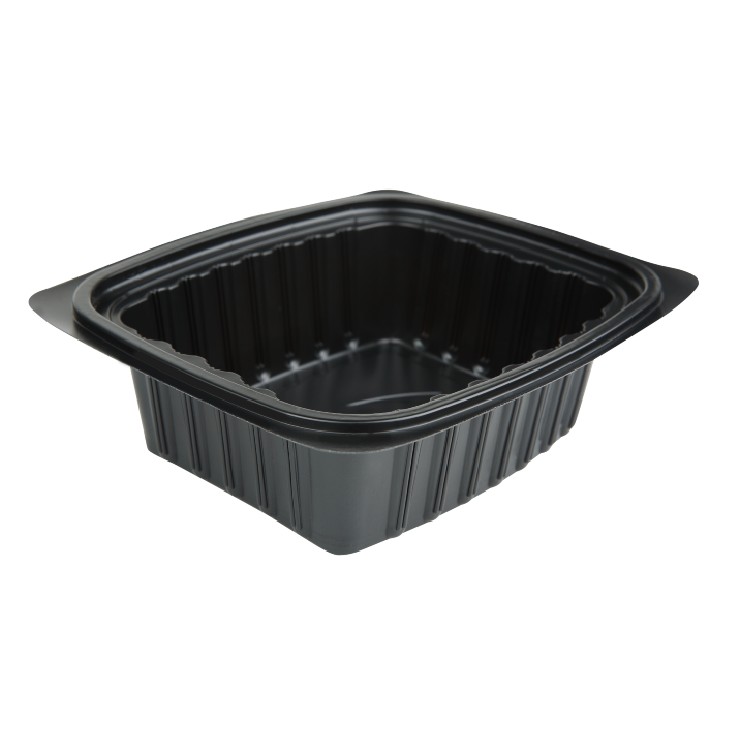 Rectangular Black Plastic Three Compartment Food Containers with Clear Lids  – 10in x 7-1/2in x 1-3/4in – 33 oz – 150 per case